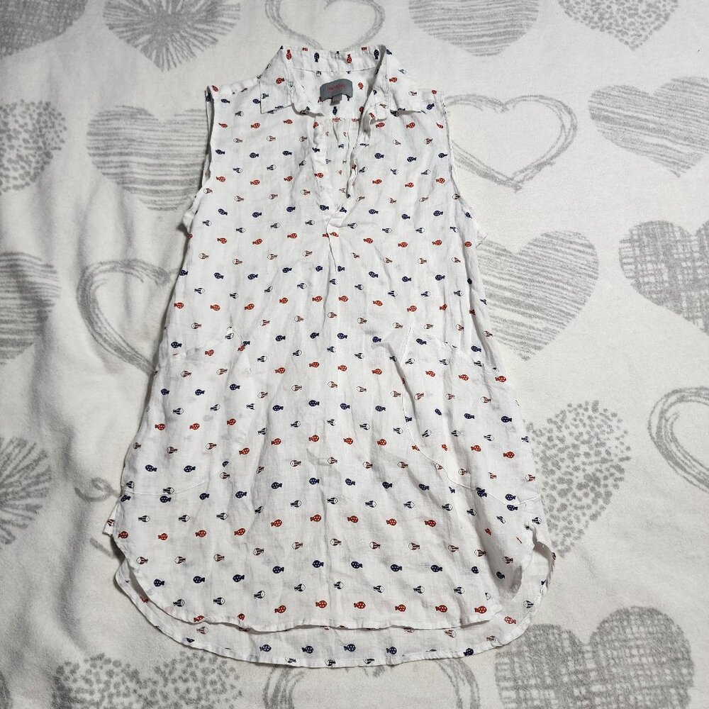 For Cynthia Beach Wear Linen Shirt/Dress Swim Cover Up White with Fish - Size‎ M